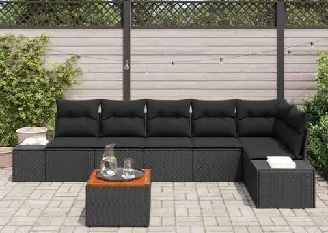 Set de canapele de grădină în 7 piese cu perne, negre, din rattan poliesteric și acacia. - 3/5