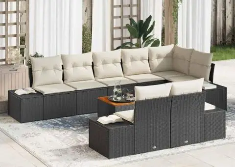 Set de canapele pentru grădină, 9 piese, cu perne, din polirațan negru și acacia - 1/5