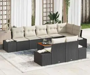 vidaXL Set de canapele pentru grădină, 9 piese, cu perne, din polirațan negru și acacia