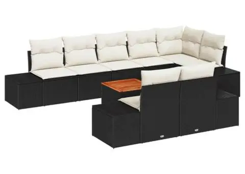 Set de canapele pentru grădină, 9 piese, cu perne, din polirațan negru și acacia - 2/5