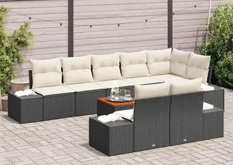 Set de canapele pentru grădină, 9 piese, cu perne, din polirațan negru și acacia - 3/5