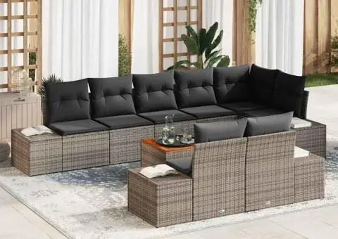 Set de canapele de grădină, 9 piese, cu perne gri, din ratan sintetic și lemn de acacia. - 1/5
