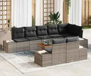 vidaXL Set de canapele de grădină, 9 piese, cu perne gri, din ratan sintetic și lemn de acacia.