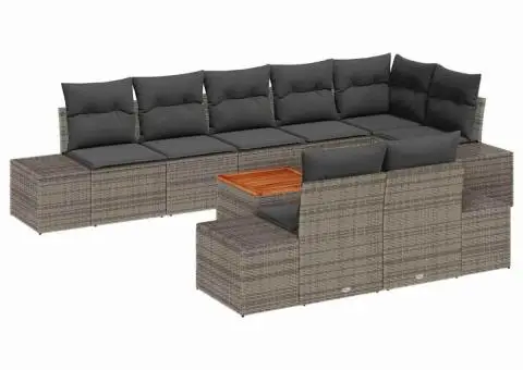 Set de canapele de grădină, 9 piese, cu perne gri, din ratan sintetic și lemn de acacia. - 2/5