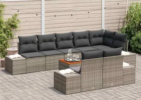 Set de canapele de grădină, 9 piese, cu perne gri, din ratan sintetic și lemn de acacia. - 3/5