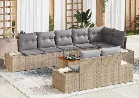 Set de canapea de grădină, 9 piese, cu perne, bej, din ratan poli și acacia. - 1/5