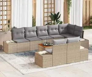 vidaXL Set de canapea de grădină, 9 piese, cu perne, bej, din ratan poli și acacia.