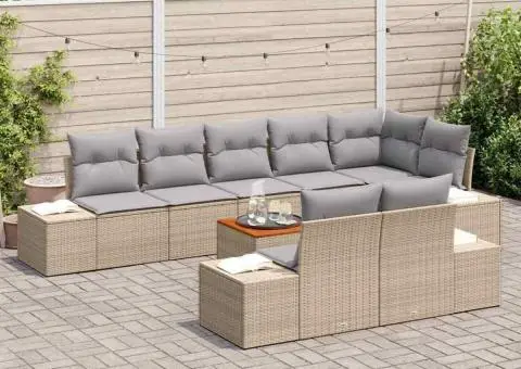 Set de canapea de grădină, 9 piese, cu perne, bej, din ratan poli și acacia. - 3/5