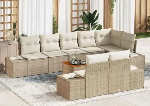 Set de canapele de grădină cu 9 piese, cu perne bej din rattan lucios. - 1/5