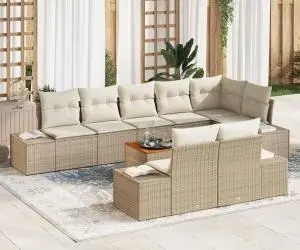 Set de canapele de grădină cu 9 piese, cu perne bej din rattan lucios.