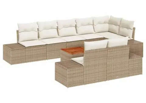 Set de canapele de grădină cu 9 piese, cu perne bej din rattan lucios. - 2/5