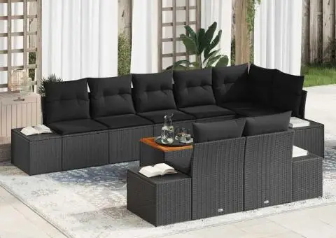 Set de canapele de grădină , 9 piese, cu perne, din ratan sintetic negru și lemn de acacia. - 1/5