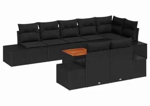 Set de canapele de grădină , 9 piese, cu perne, din ratan sintetic negru și lemn de acacia. - 2/5