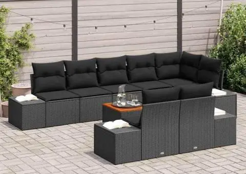 Set de canapele de grădină , 9 piese, cu perne, din ratan sintetic negru și lemn de acacia. - 3/5