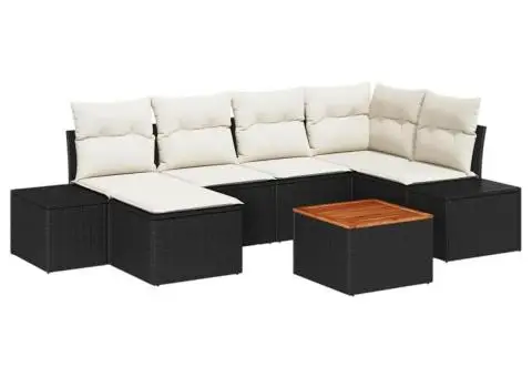 Set de canapea de grădină 7 piese cu perne, din rattan poli și lemn de acacia - 2/5