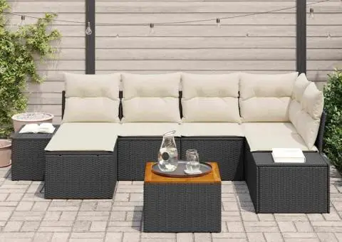 Set de canapea de grădină 7 piese cu perne, din rattan poli și lemn de acacia - 3/5