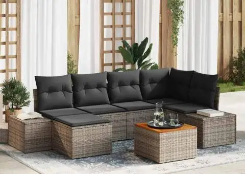 Set canapea de grădină , 7 piese, perne gri, din ratan poly acacia - 1/5