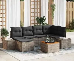 Set canapea de grădină , 7 piese, perne gri, din ratan poly acacia
