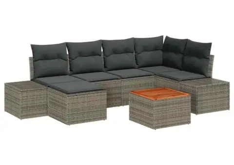 Set canapea de grădină , 7 piese, perne gri, din ratan poly acacia - 2/5