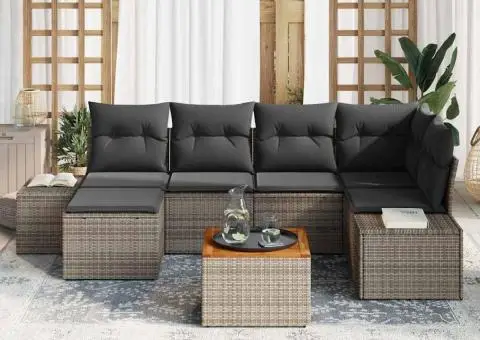 Set canapea de grădină , 7 piese, perne gri, din ratan poly acacia - 3/5