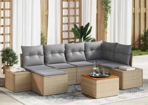 Set de canapea pentru grădină, 7 piese, cu perne, bej, din poly rattan și acacia - 1/5