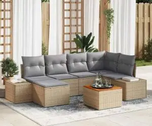 Set de canapea pentru grădină, 7 piese, cu perne, bej, din poly rattan și acacia