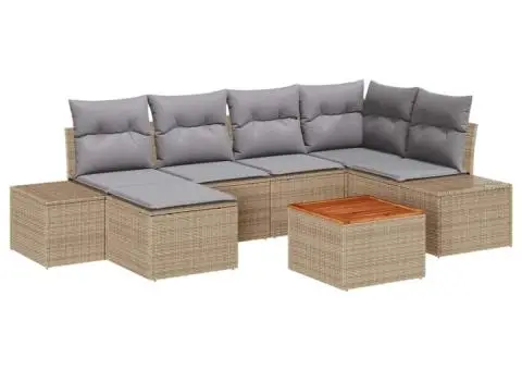 Set de canapea pentru grădină, 7 piese, cu perne, bej, din poly rattan și acacia - 2/5