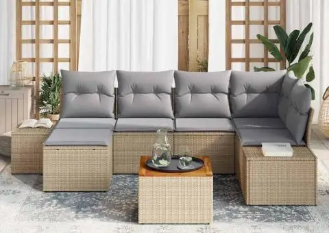 Set de canapea pentru grădină, 7 piese, cu perne, bej, din poly rattan și acacia - 3/5