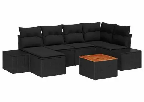 Set de canapea de grădină din 7 piese cu perne, din rattan negru și acacia - 2/5