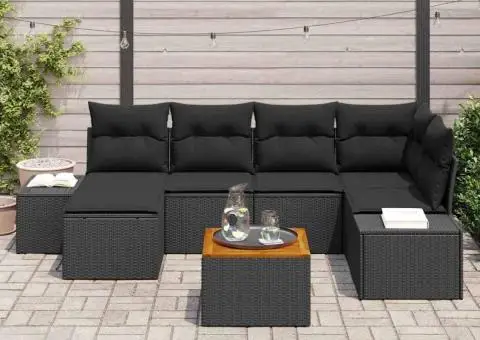 Set de canapea de grădină din 7 piese cu perne, din rattan negru și acacia - 3/5
