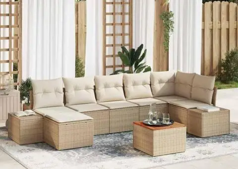 Set de canapea de grădină 8 piese cu perne – Bej, Rattan, Polietilenă, Acacia - 1/5
