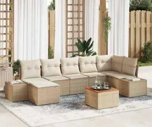 vidaXL Set de canapea de grădină 8 piese cu perne – Bej, Rattan, Polietilenă, Acacia