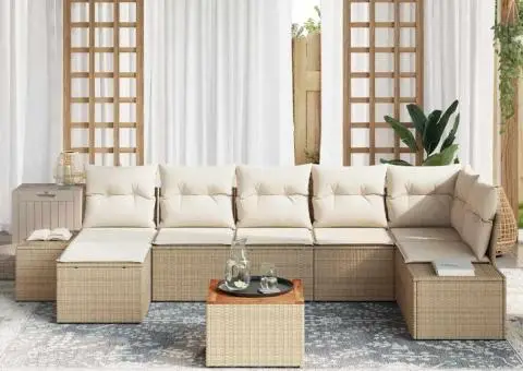 Set de canapea de grădină 8 piese cu perne – Bej, Rattan, Polietilenă, Acacia - 3/5