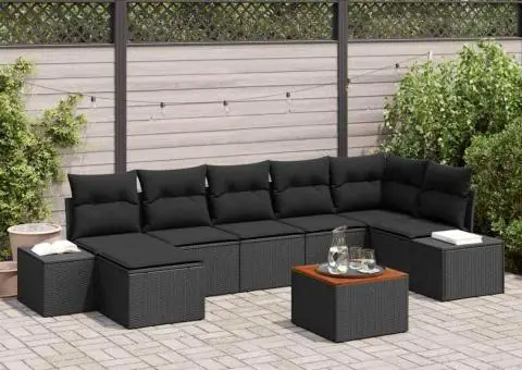 Set canapele grădină 8 piese cu perne Negru, ratan poli, acacia. - 1/5