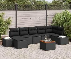 vidaXL Set canapele grădină 8 piese cu perne Negru, ratan poli, acacia.