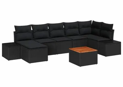 Set canapele grădină 8 piese cu perne Negru, ratan poli, acacia. - 2/5
