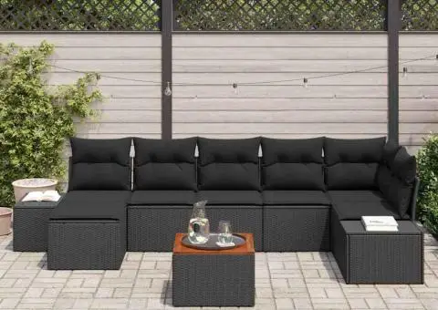 Set canapele grădină 8 piese cu perne Negru, ratan poli, acacia. - 3/5