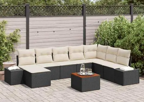 Set de canapele pentru grădină cu 9 piese și perne, din rattan poly negru și acacia - 1/5