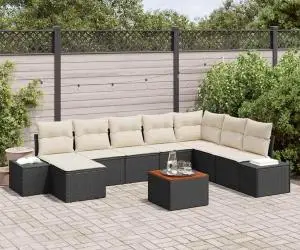 vidaXL Set de canapele pentru grădină cu 9 piese și perne, din rattan poly negru și acacia