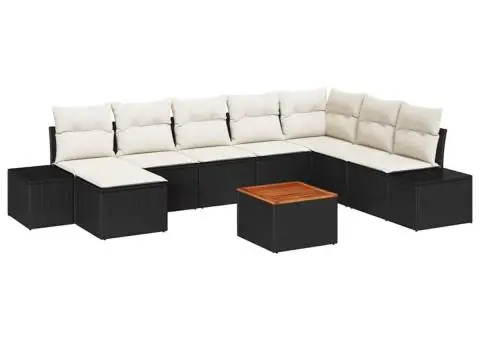 Set de canapele pentru grădină cu 9 piese și perne, din rattan poly negru și acacia - 2/5