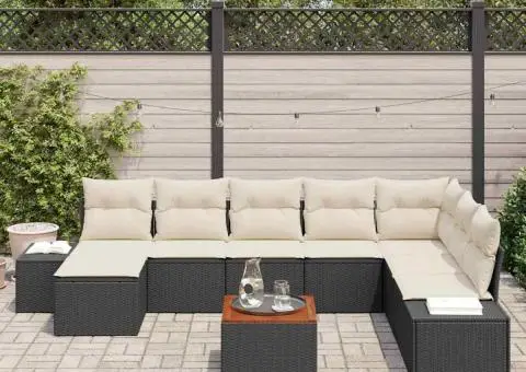 Set de canapele pentru grădină cu 9 piese și perne, din rattan poly negru și acacia - 3/5