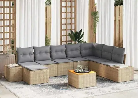 Set canapea de grădină 9 piese cu perne bej din rattan și acacia - 1/5