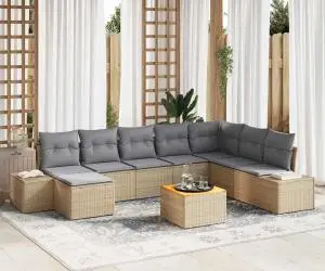 Set canapea de grădină 9 piese cu perne bej din rattan și acacia