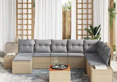 Set canapea de grădină 9 piese cu perne bej din rattan și acacia - 3/5