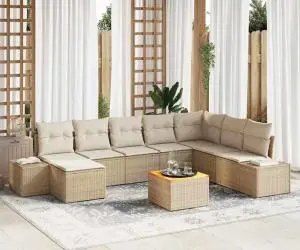 Set de Canapele de Grădină în 9 Piese cu Perne Bej din Rattan și Poliester