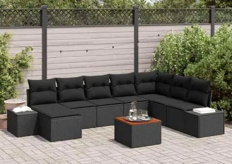 Set de canapea de grădină , 9 piese, cu perne, ratan sintetic negru, piatră acacia - 1/5