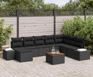 Set de canapea de grădină , 9 piese, cu perne, ratan sintetic negru, piatră acacia