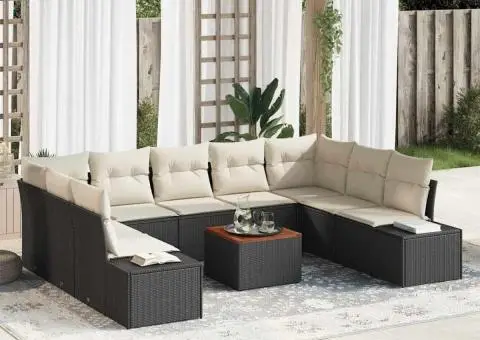 Set de canapele de grădină în 10 piese cu perne, Negru, Poly Rattan, Acacia - 1/5