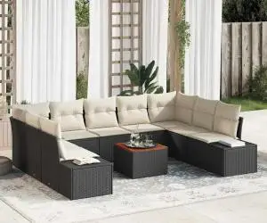 Set de canapele de grădină în 10 piese cu perne, Negru, Poly Rattan, Acacia