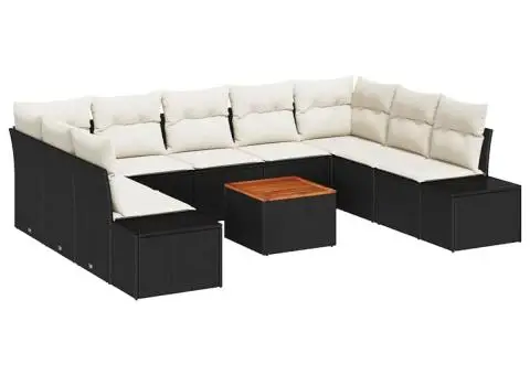 Set de canapele de grădină în 10 piese cu perne, Negru, Poly Rattan, Acacia - 2/5